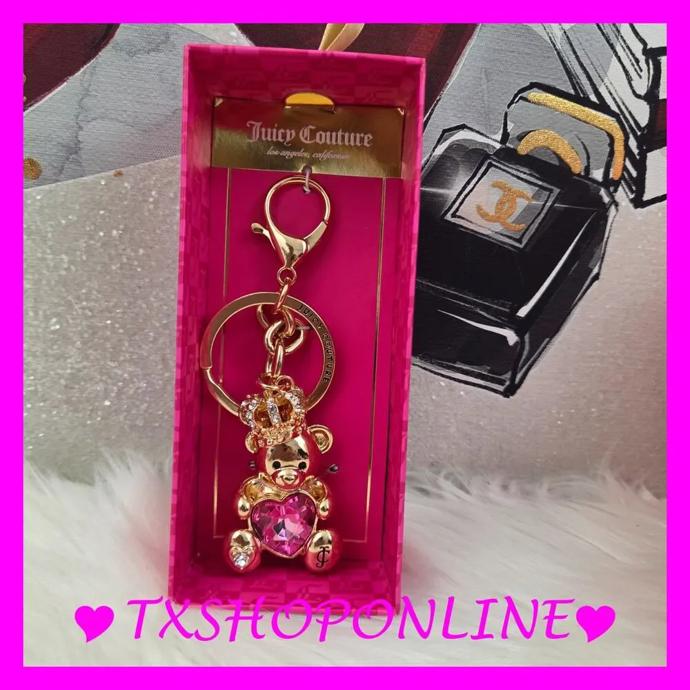 🧸👑Juicy Couture Teddy Bear with Pink Heart Gem Bag Charm Keychain🧸👑